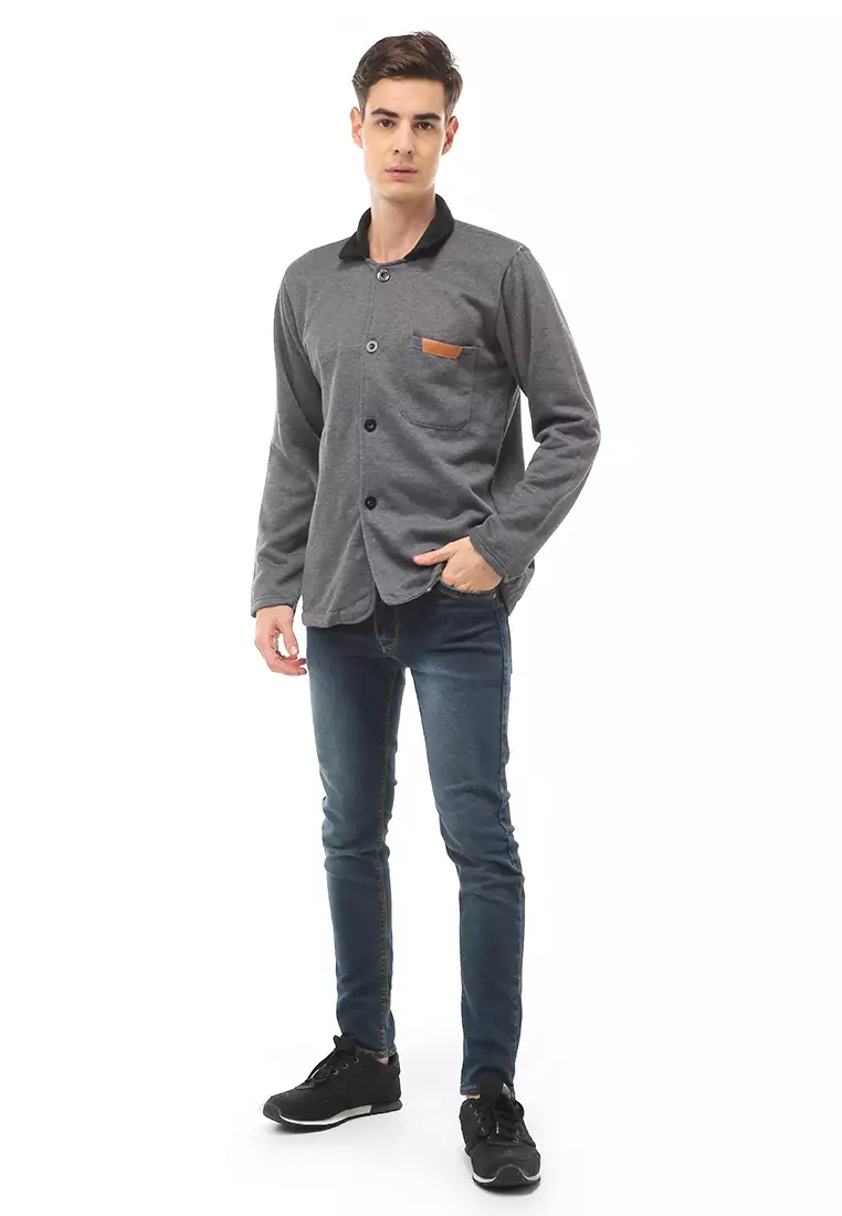 Woreq Atasan Formal Pria Outerwear Kemeja Blazer Lengan Panjang Material Fleece ORIGINAL - Dark Gray