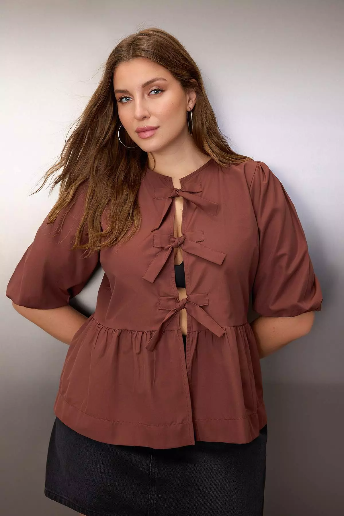 Brown Bow Woven Plus Size Blouse