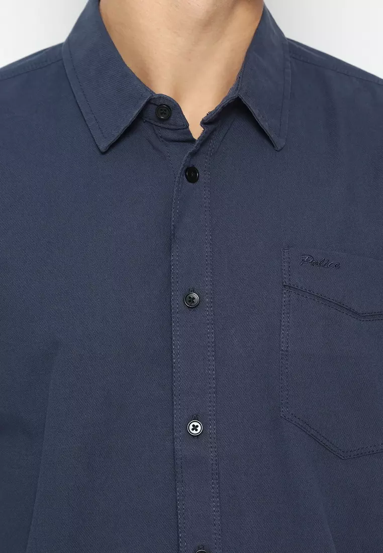 POLICE Kemeja Polos Cotton Biru Tua Regular Fit Pria