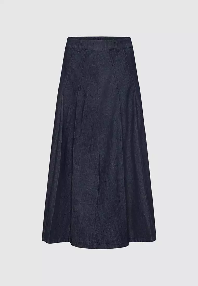 Denim A-Line Midi Skirt With Belt Cotton Blend Loose