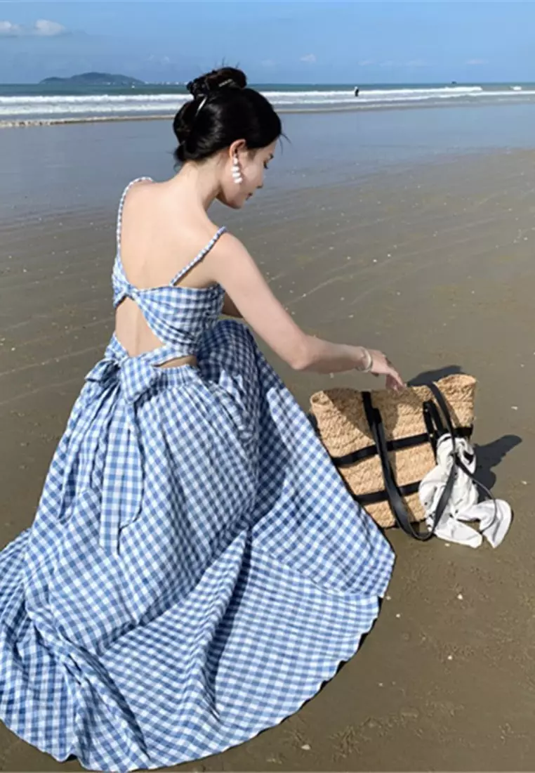 2025 New Blue and White Plaid Backless Bowknot Camisole Skirt Two-piece Dress K071104