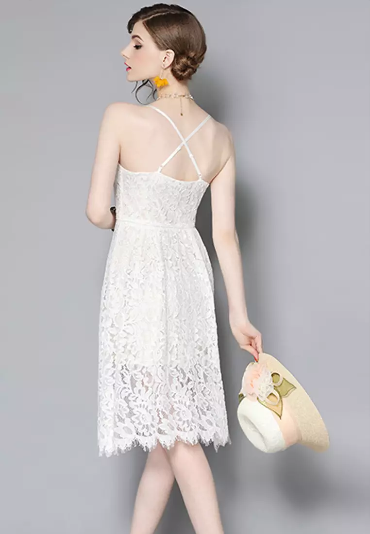 Summer New White V  Neck Lace One  Piece Dress CA062891W-NEW