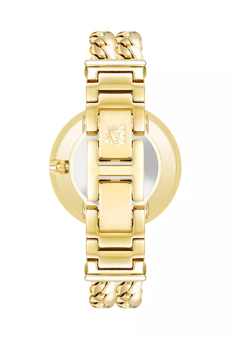 White Mother of Pearl Dial Gold Tone Round Watch with Gold Tone Brass Band