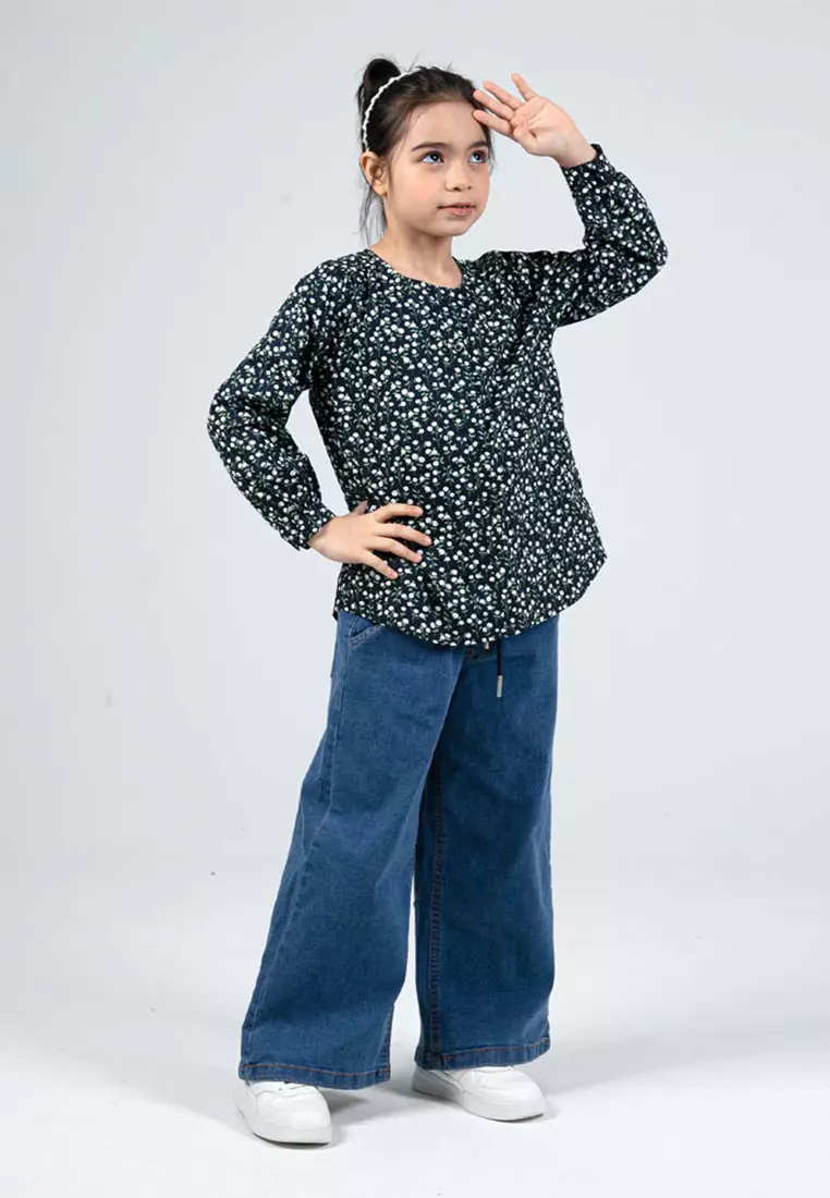 Forest Kids Girls Floral Pattern Cotton Button Blouse Woven Long Sleeve Top - FK820084-30DkBlue