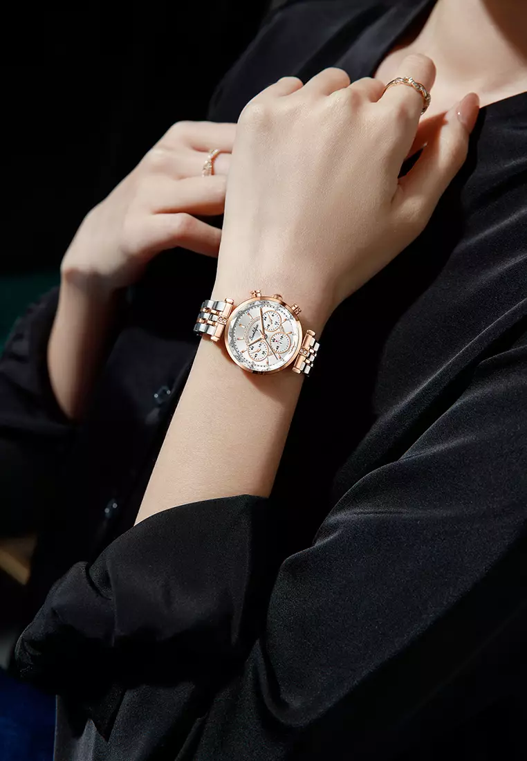 Jam Tangan Wanita Original B005 Kalendar Anti Air Berlian Kuarsa Tali Stainless Steel Jam Tangan Cewek rosewhite
