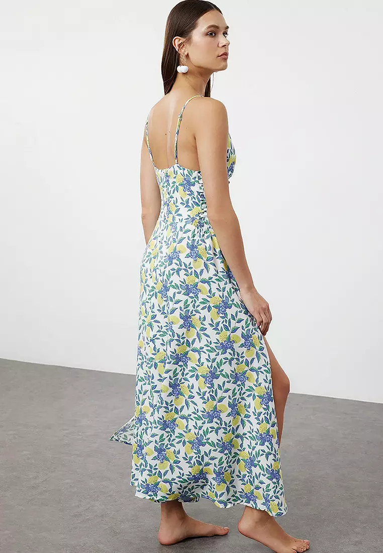 Viscose V-Neck Slit Beach Midi Dress