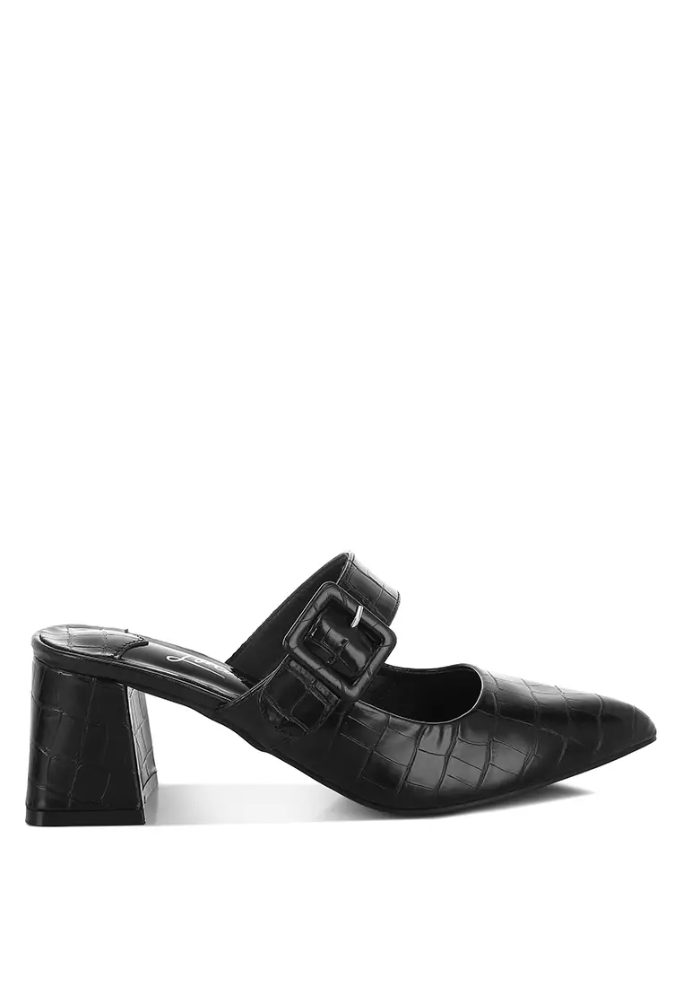 Discount on London Rag  shoes - SKU: Croco Buckle Strap Detail Mules In Black
