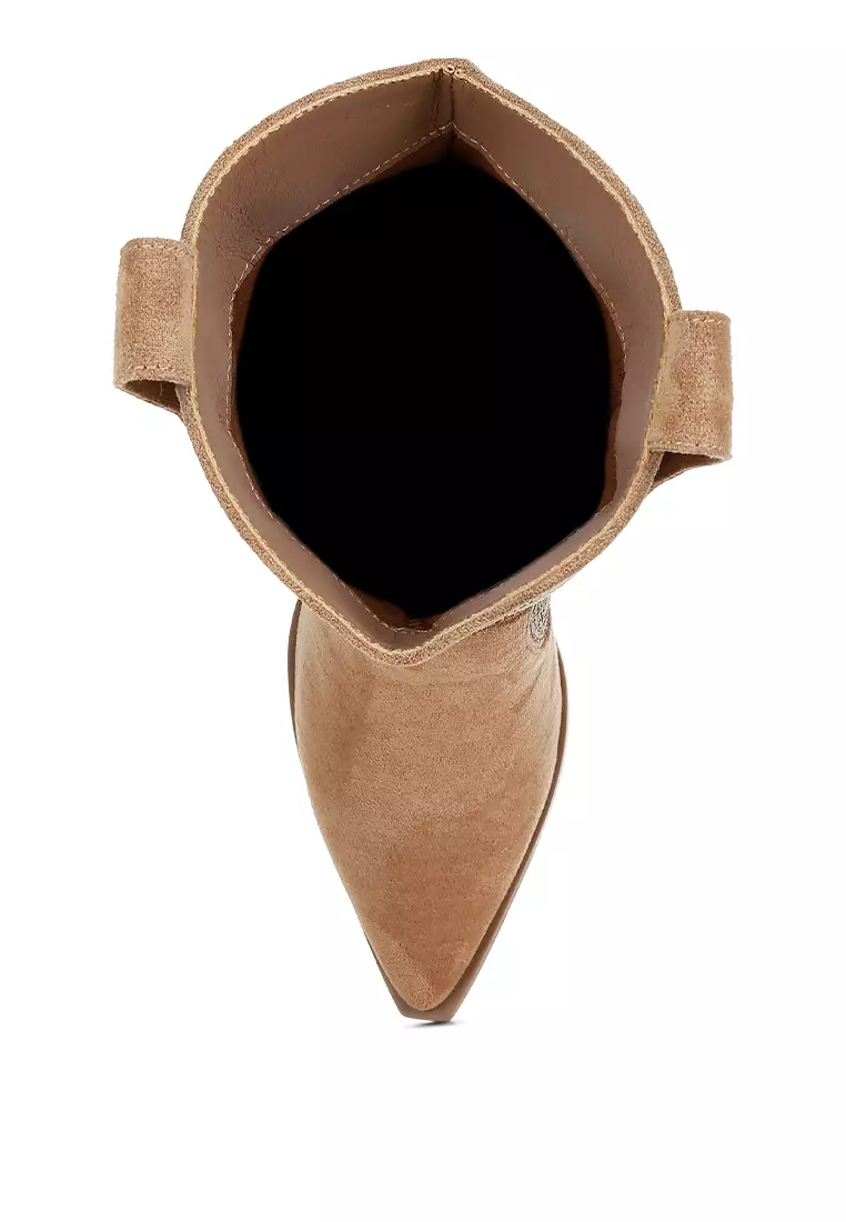 水鑽裝飾駝色小牛皮靴子