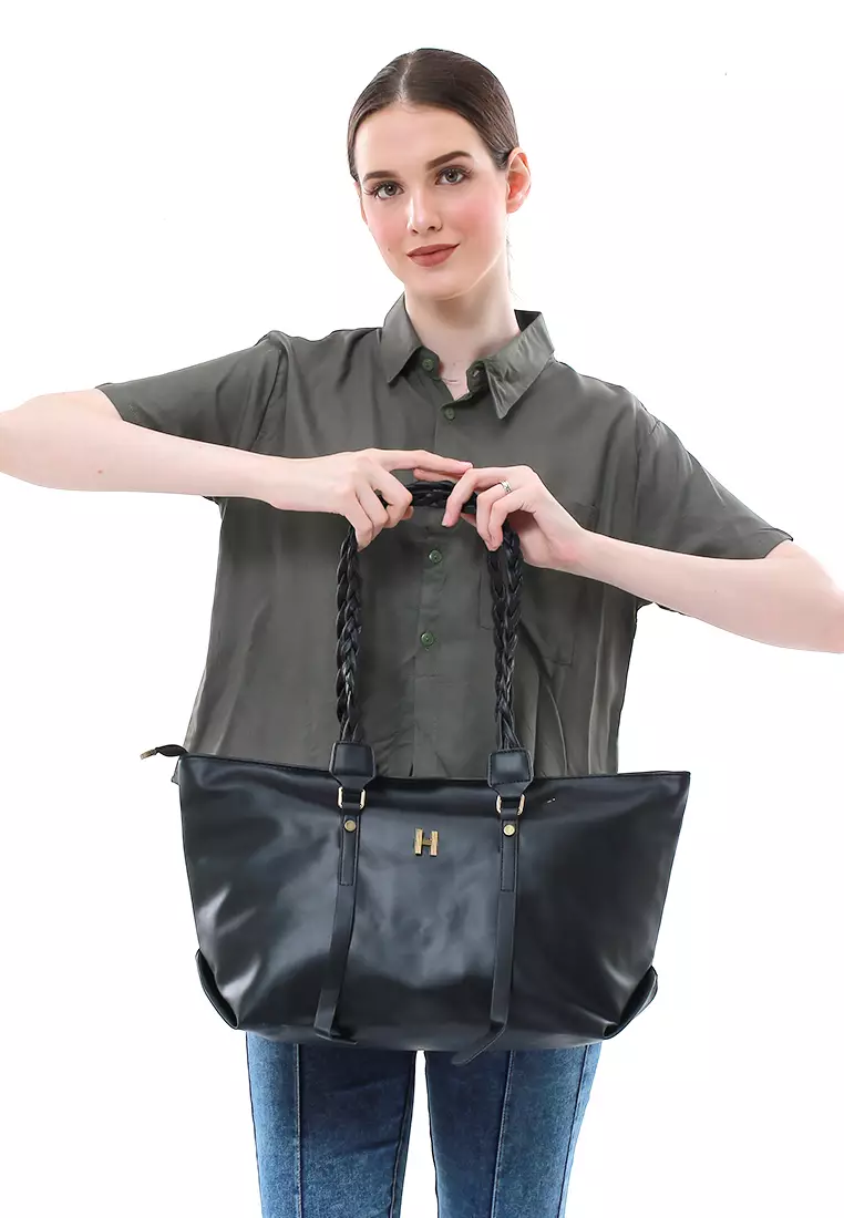 Laura Tote Bag Wanita Tali Desain Kepang Tas Bahu Large Compartment Material Leather ORIGINAL - Black