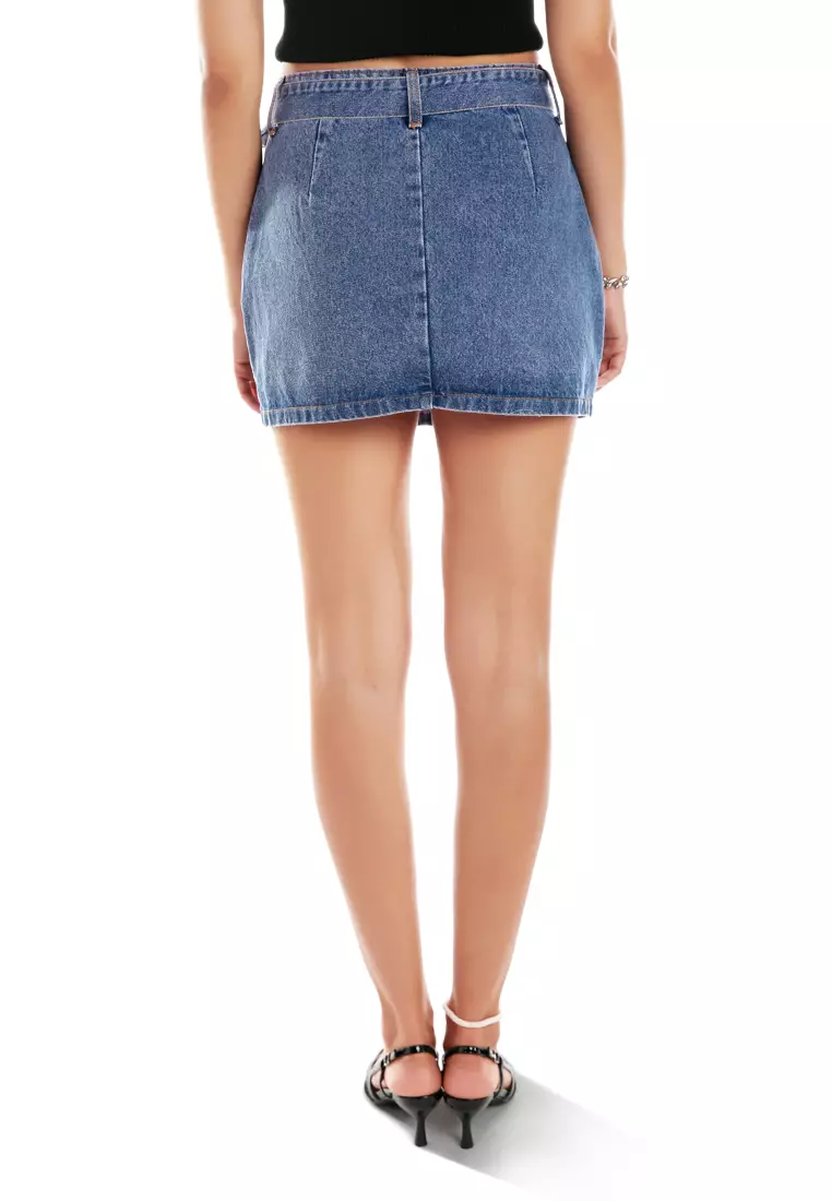Sculpted Buckle Mini Skirt in Mid Blue