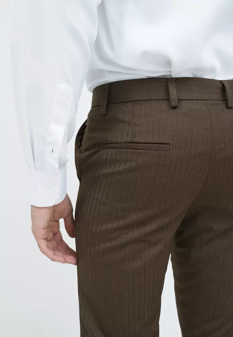 Celana panjang slimfit pria kerja formal garis halus coklat houseofcuff