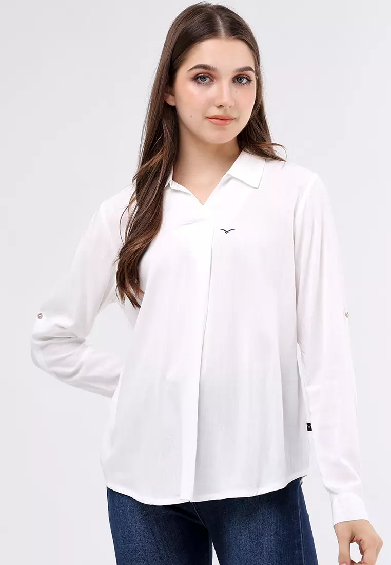 Buy Freego Ladies Woven Plain Linen Long Sleeve Blouse 2025 Online