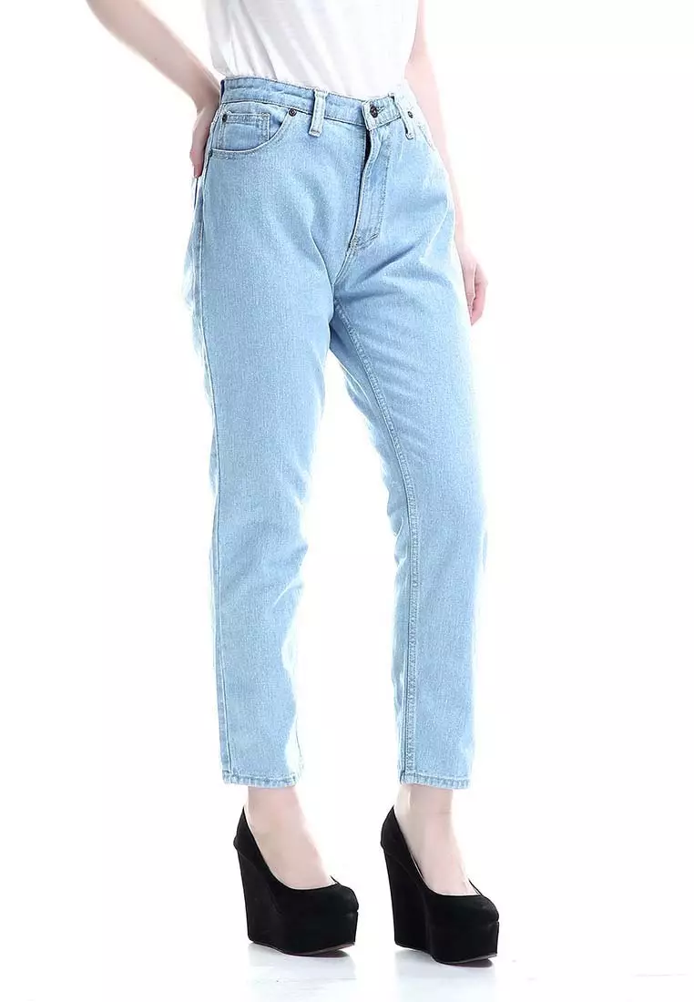 Marilyn Jeans Wanita High Waist Boyfriend Woman Design Simple - Biru Muda