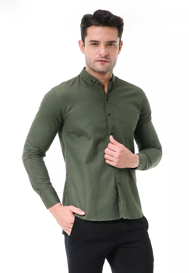 Leopold Kemeja Basic Pria Motif Polos Long Sleeve Material Cotton ORIGINAL - Army Green