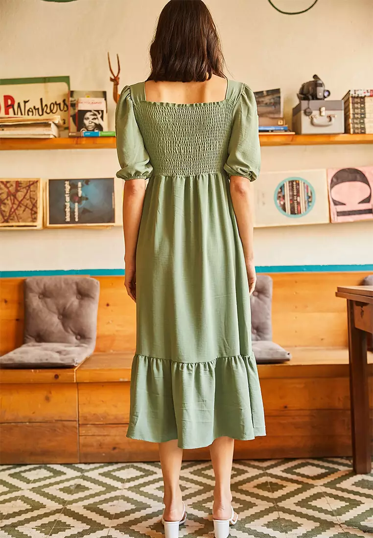 Square Neck Shirring Dress