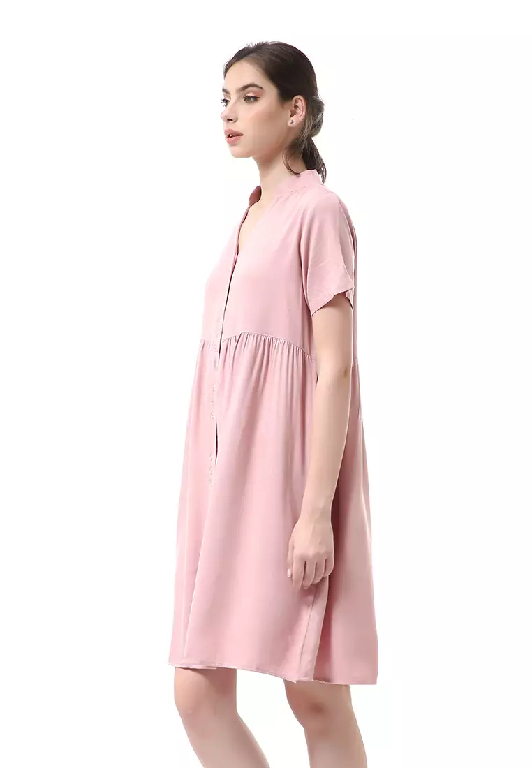 Rachel Dress Wanita Lengan Pendek Full Kancing Stylish Material Cotton ORIGINAL - Dusty Pink