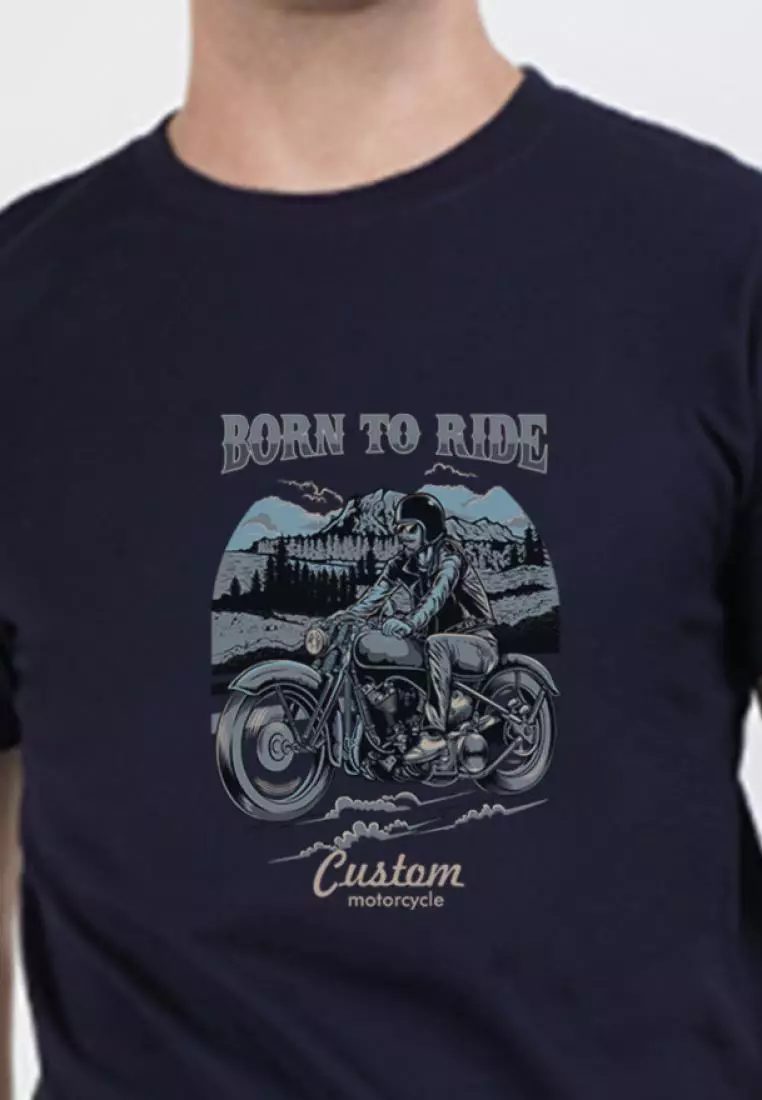 Born to Ride Navy Blue Cotton Short Sleeve Crew Neck Relaxed Tee