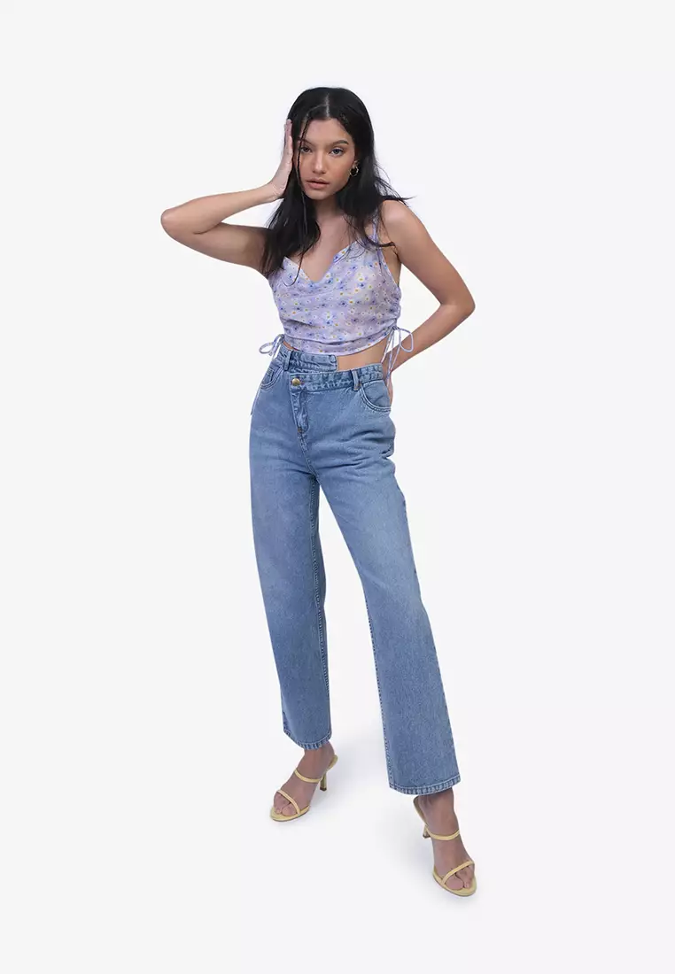 Daisy Print Cowl Neck Crop Top