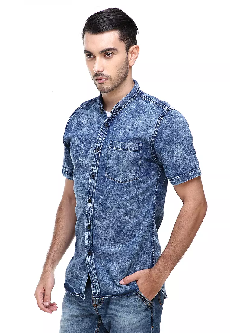 Dwan Shirts Kemeja Jeans Sandwash Kasual Model Slim Fit Material Denim ORIGINAL - Blue