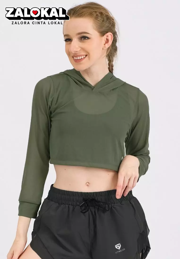 Fitwear - Croptop Jaring / Mesh / Sheer Olahraga BRENDA OUTER HOODIE LS CRP - GREEN ARMY