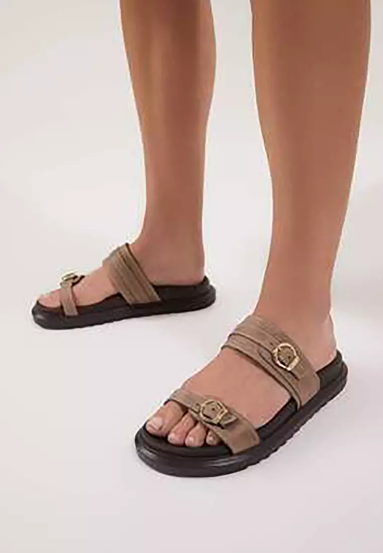 Mink Double Buckle Brown Thick Sole Women's Slippers Takaw25Te00009