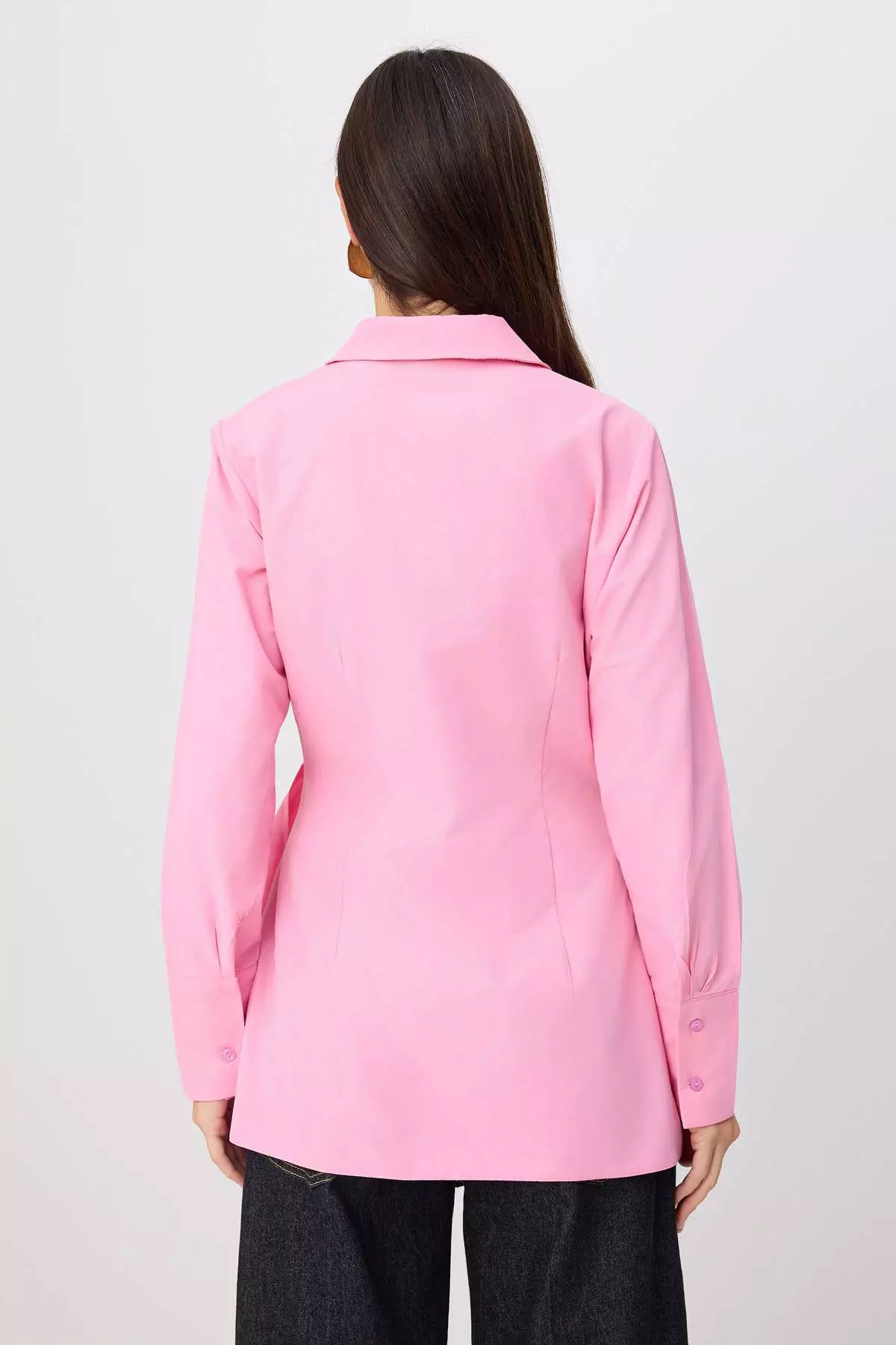 Pink Double-Breasted Regular Fit Shirt With Metal Accessory Detail