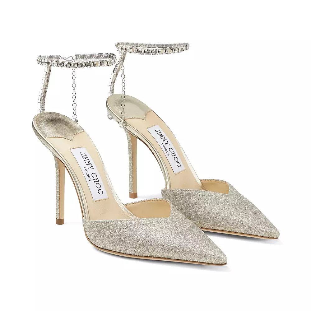 Saeda 100 Glitter Fabric Crystal Chain Ankle Strap Heels Platinum Ice