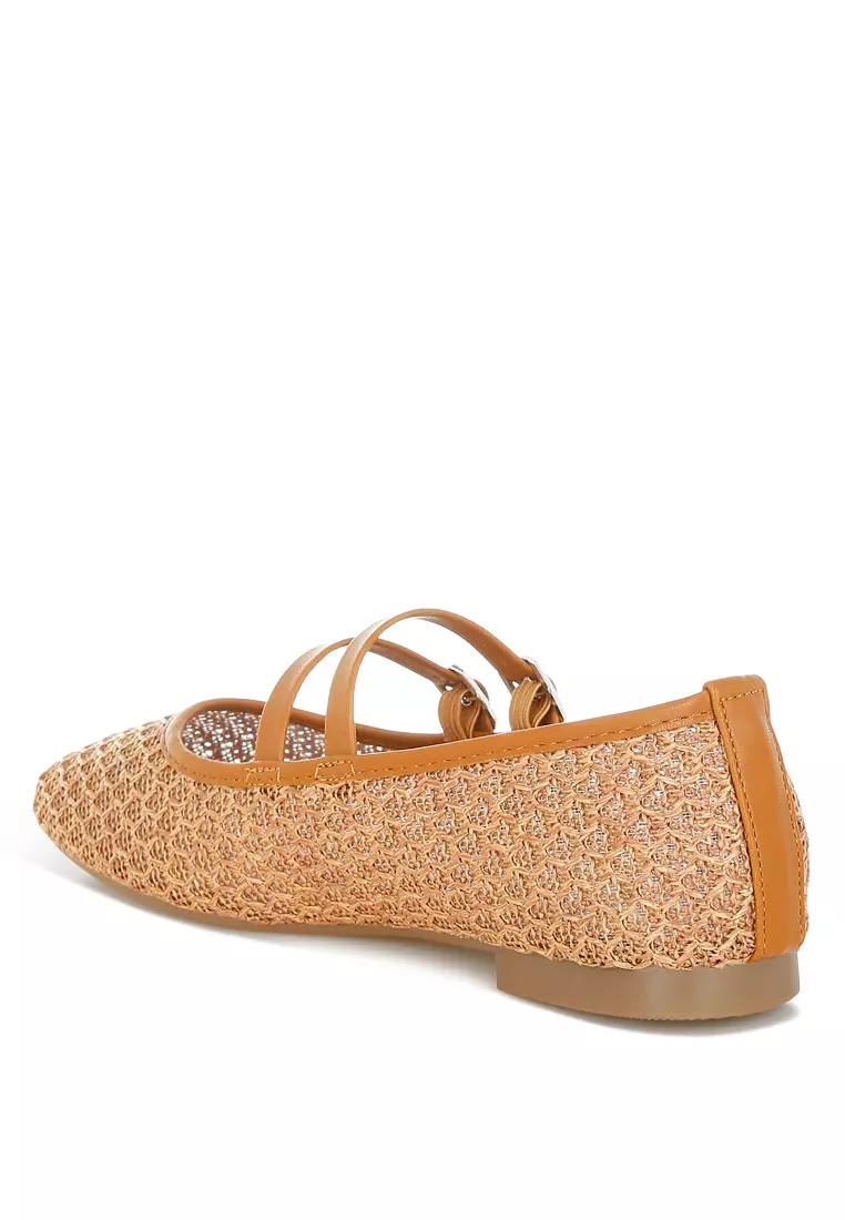 Pin Buckle Strapped Ballerinas In Tan