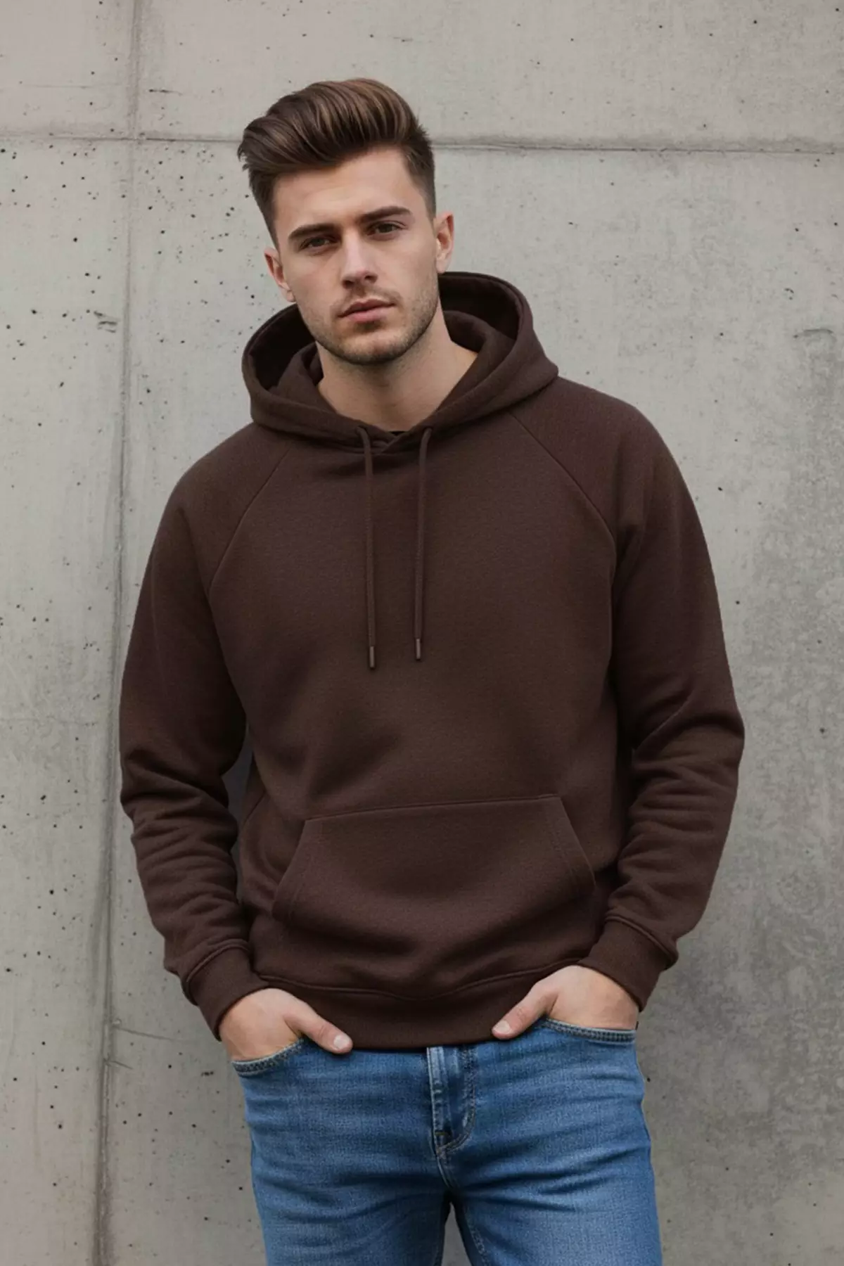 Dark Brown Regular Cut Hooded Fleece Inside Warm Sweatshirt