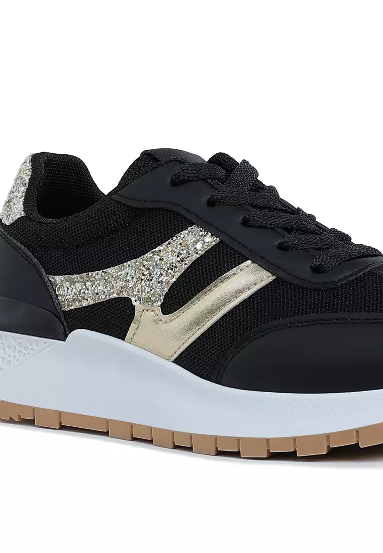 Sepatu Kets Chunky Berdetail Glitter dalam Warna Hitam & Emas