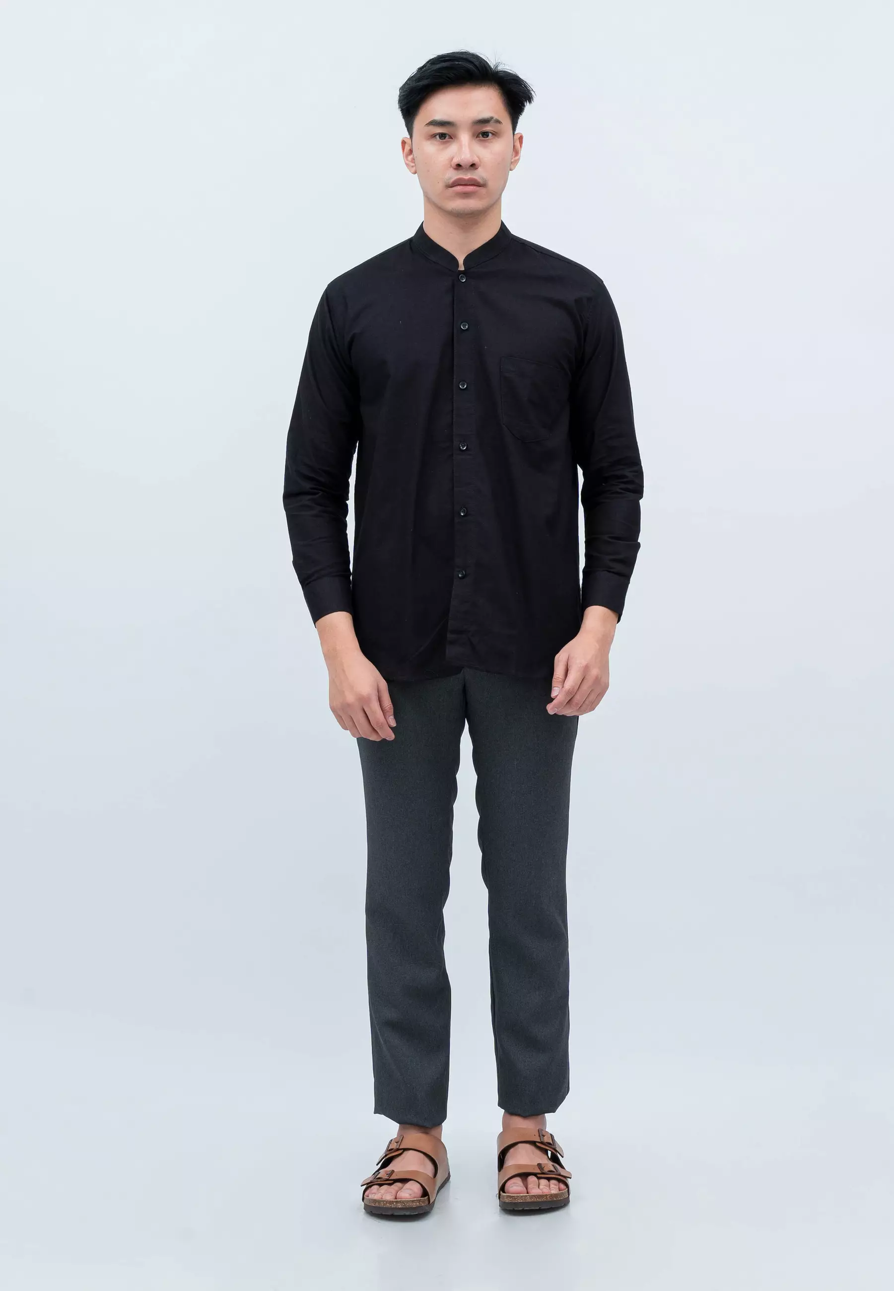 Houseofcuff kemeja Koko Lengan Panjang Pria Hitam Saku Polos