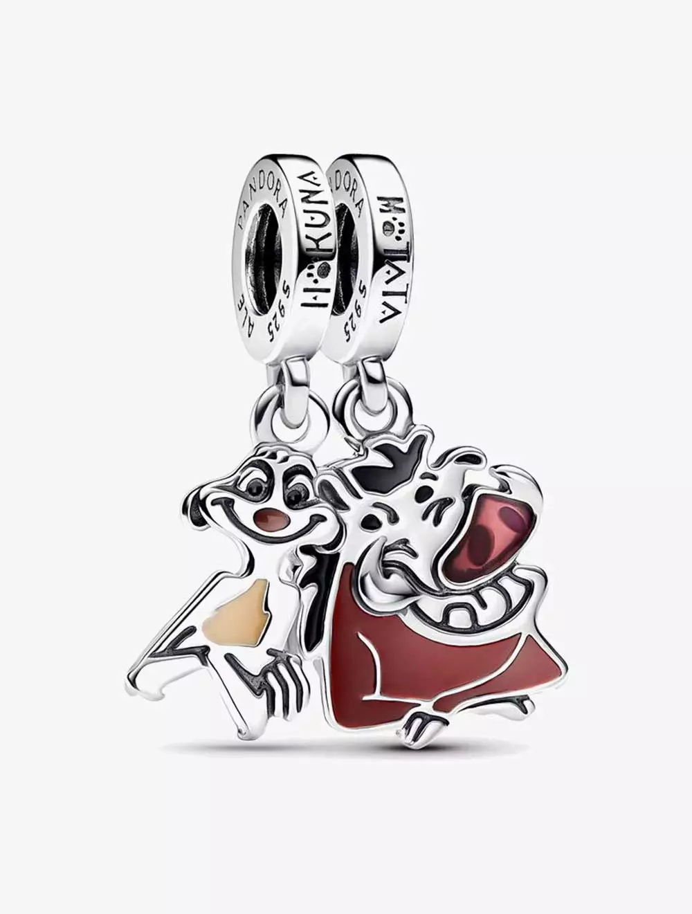 Disney The Lion King Timon and Pumbaa sterling silver splittable dangle with pink, wine red, black, beige and brown enamel