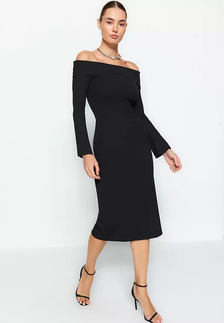 Fitted Off Shoulder Midi Dress