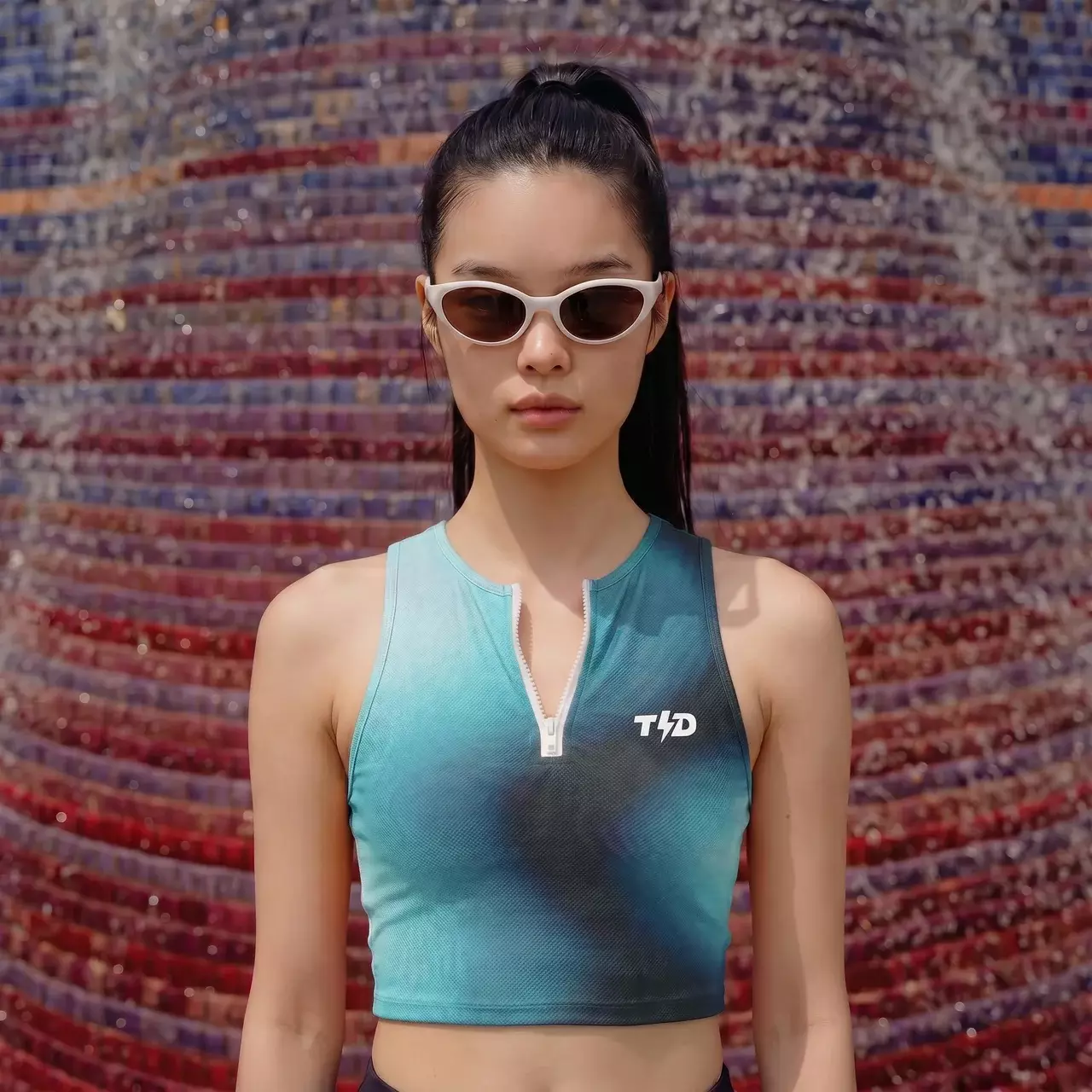 TDActive Crop Tank Zipper Wanita - Baju Lari Running Trail Run Gym Motif Aura Gradient - Flexfit Anti Bakteri Drifit - Blue LSF86
