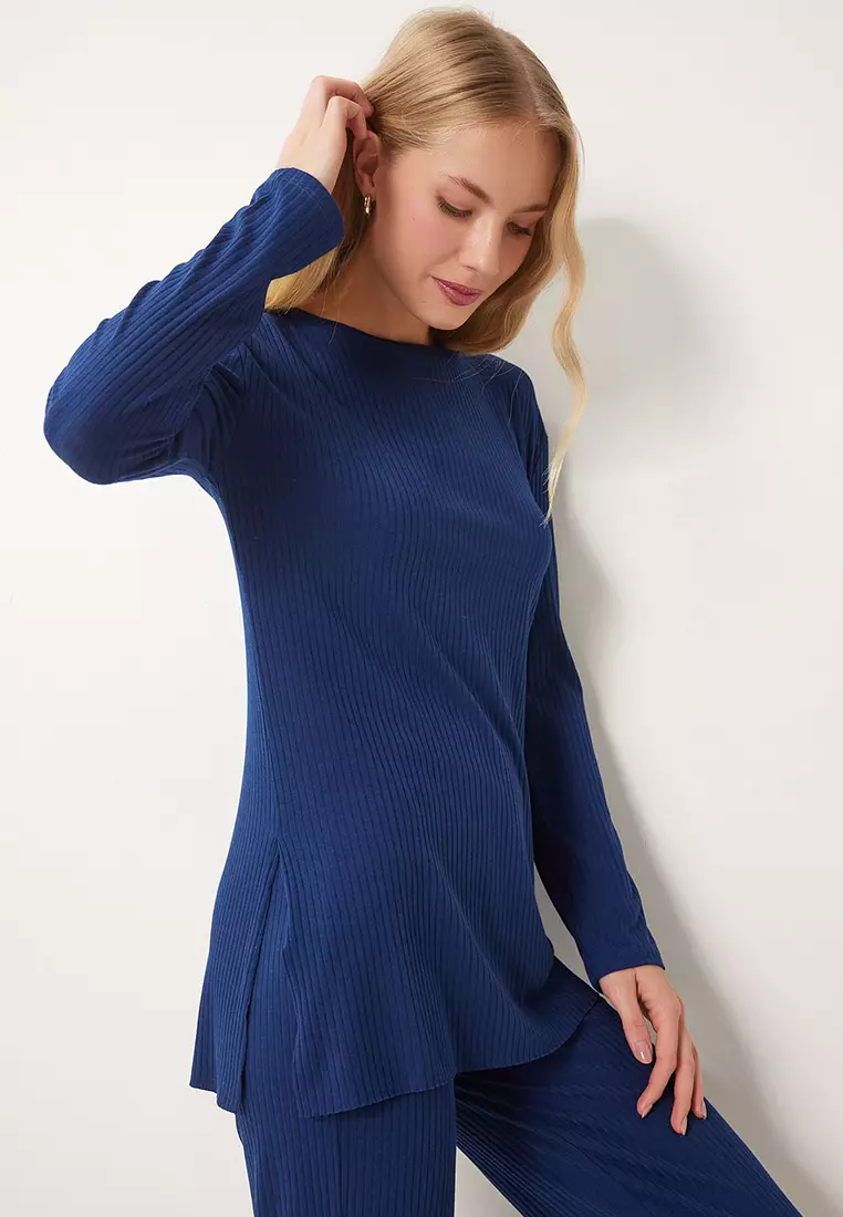 Comfortable Ribbed Knitted Blouse Trousers Set