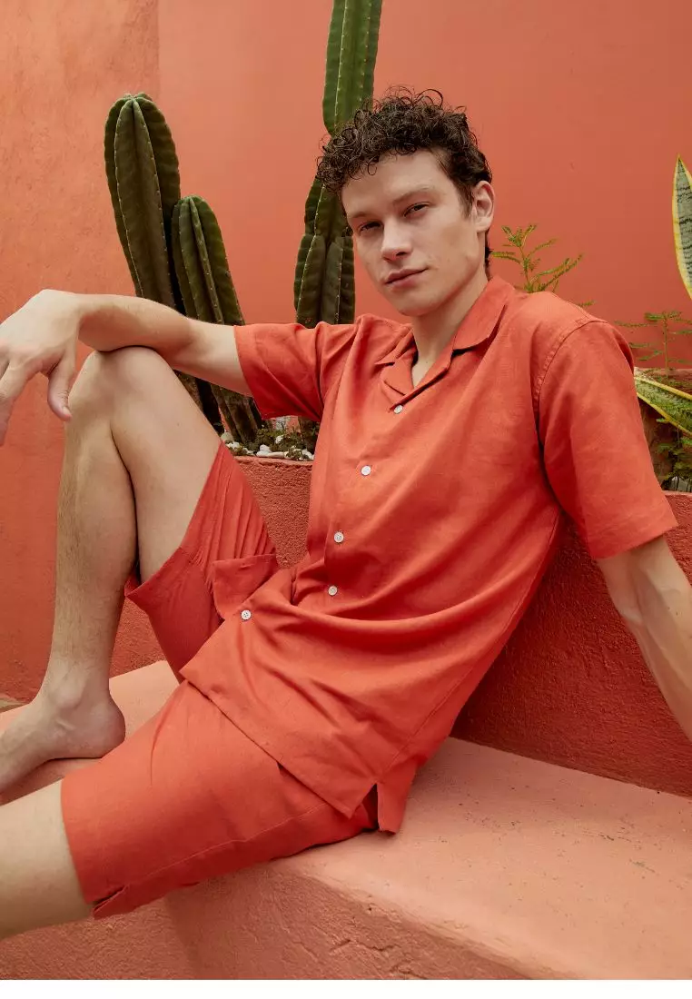 Ruby Setelan Kemeja Celana Linen Set Pria Terracotta | Linen Set Men Terracotta