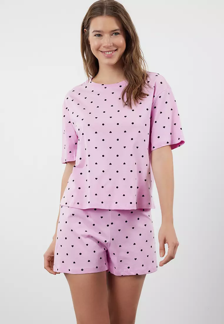 Pink Heart Patterned Shorts Knitted Pajama Set