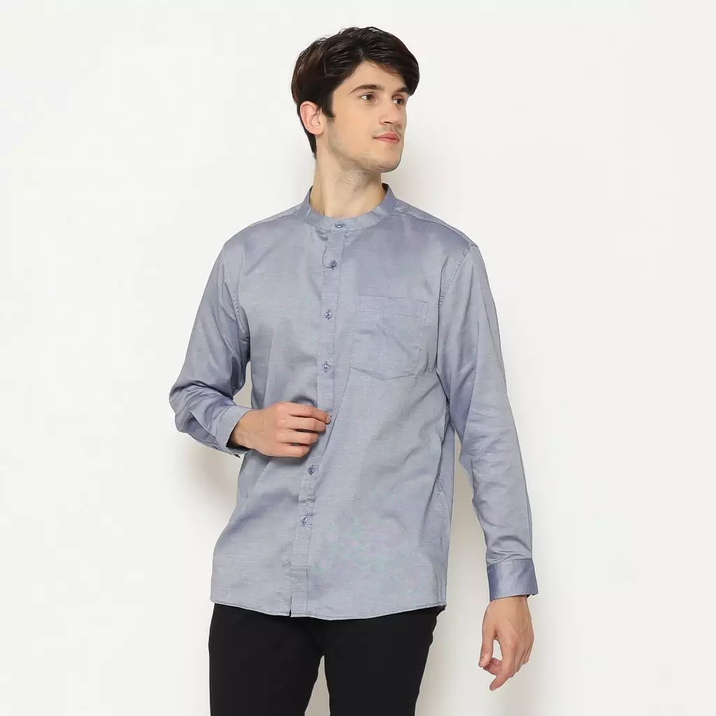 Lawell Baju Koko Pria Lengan Panjang Slim Fit Warna Silver Blue – LAQKFLKKQO201QCTNQNM