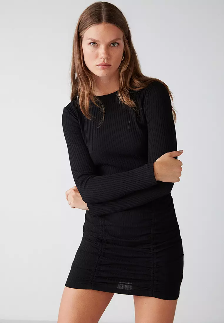 Wide Ribbed Stretch Fabric Body Hugging Bodycon Frosted Mini Dress