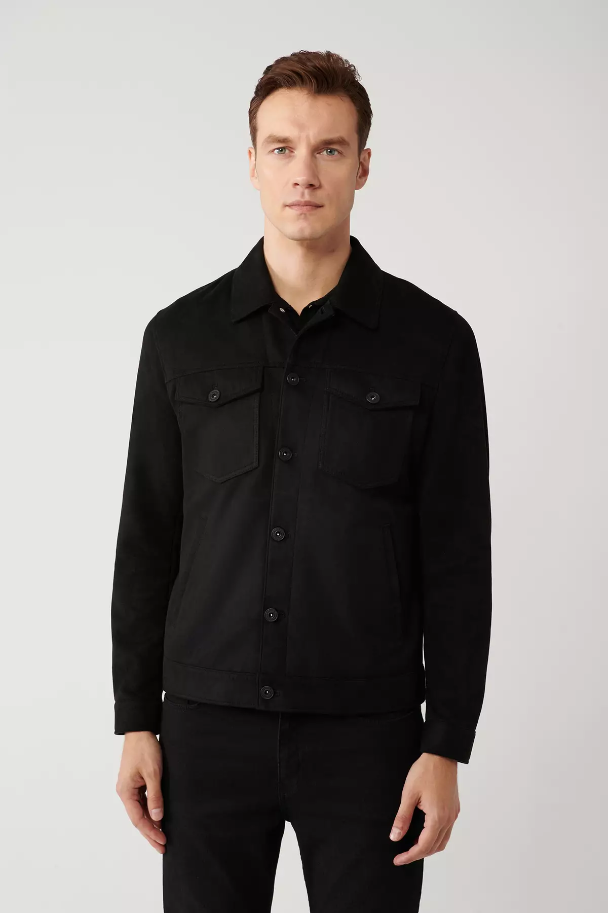 Men'S Black Classic Collar Suede Textured Seasonal Comfort Fit Coat A41Y6011