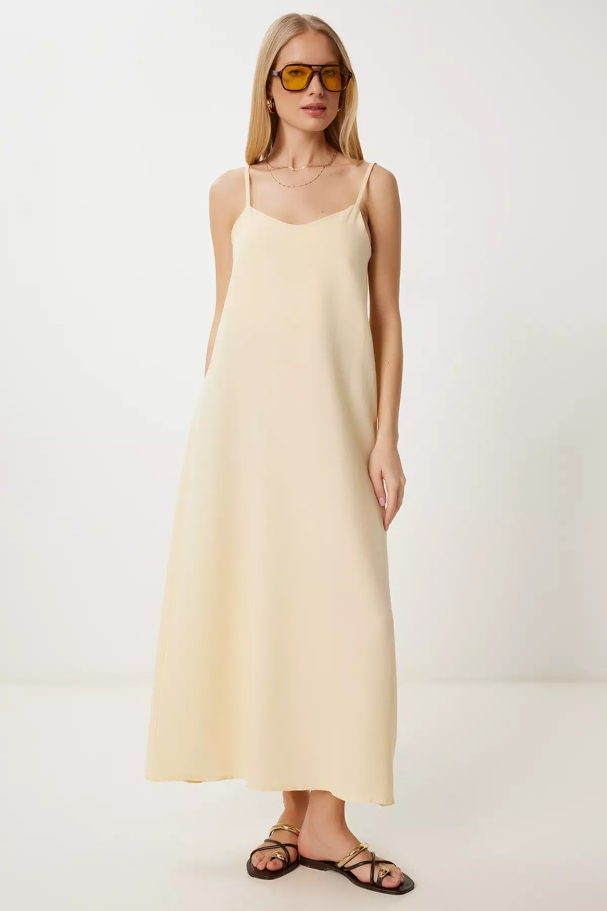 Women's Yellow Linen Blend Strap Summer Dress Hf00474