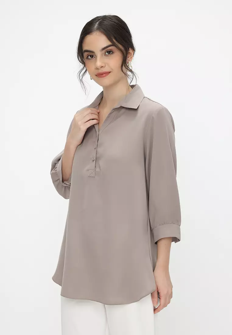 Plain Blouse V neck Mocca Color By Brilliant Girl Warna MOCCA