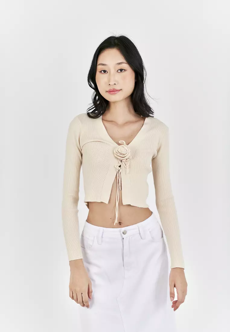 Buy Love Ara Saniel Beige Knitted V Neck Front Bow Long Sleeves