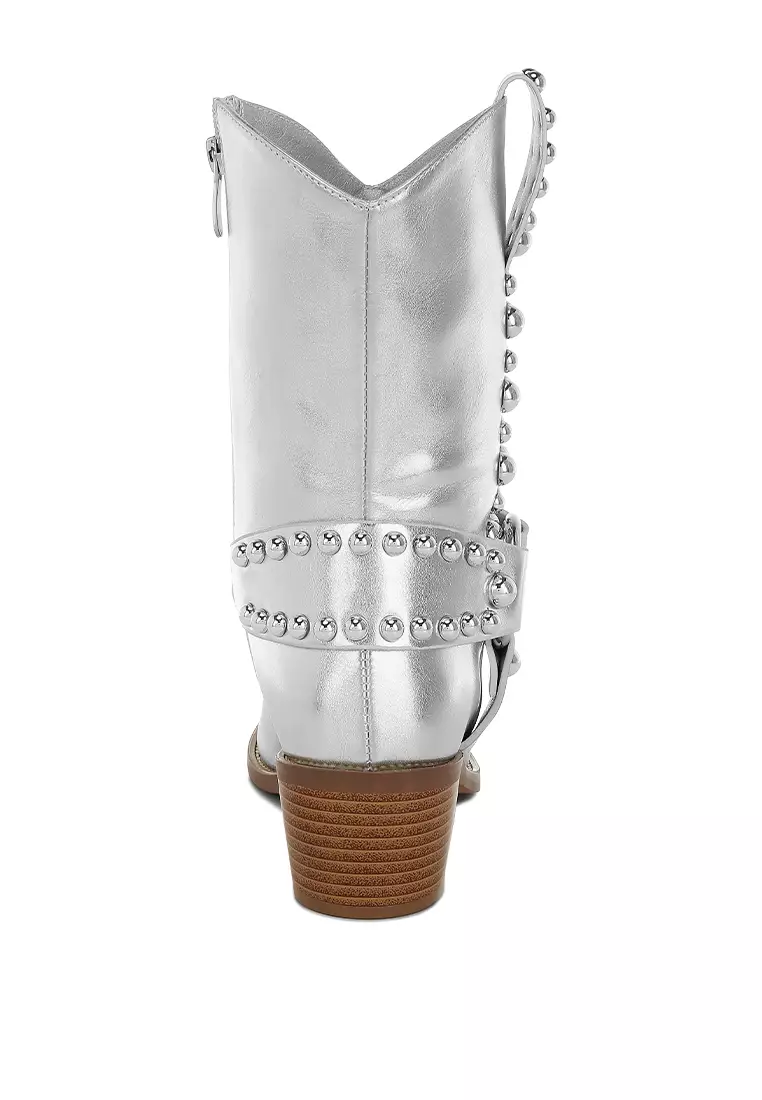 Studded Harness Detail Boots in Silver