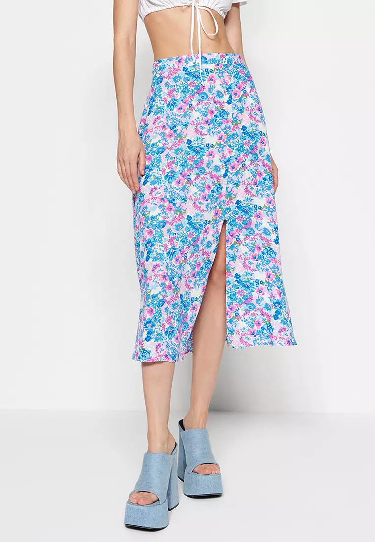 Indigo-Ecru Midi Skirt with Floral Pattern and Viscose Fabric with a Slit Detailed Detail