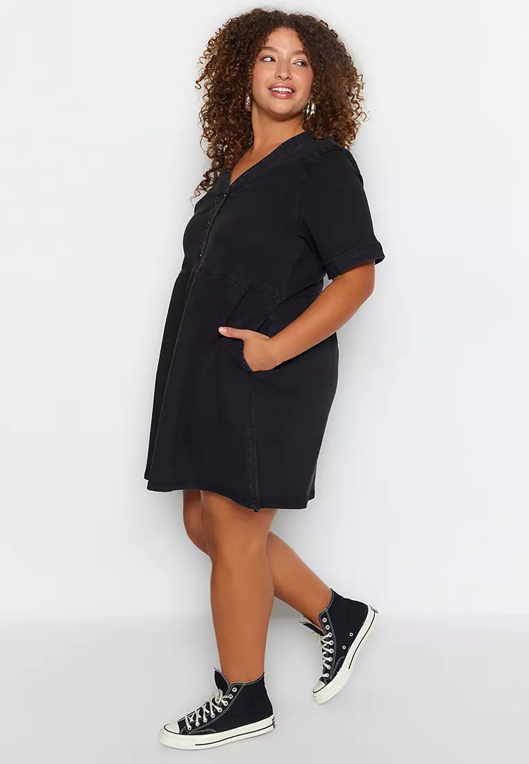 Plus Size V-Neck Denim Mini Dress