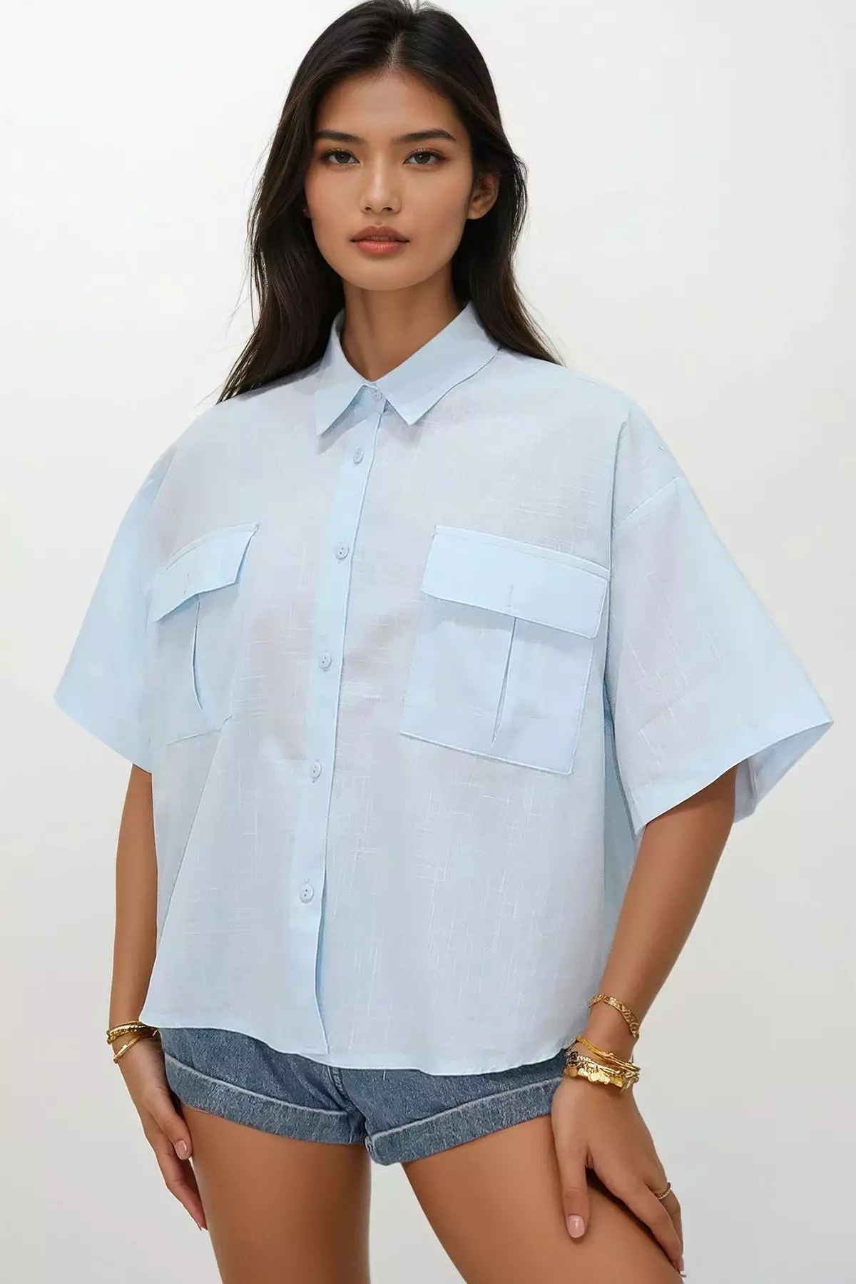 Women's Baby Blue Double Pocket Half Sleeve Linen Shirt Alc-X9991