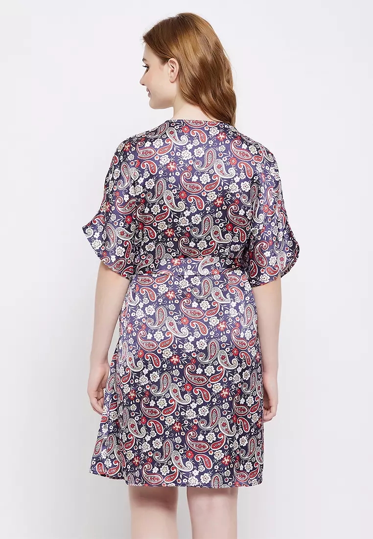 Clovia Paisley Print Short Night Dress & Robe Set in Navy - Satin