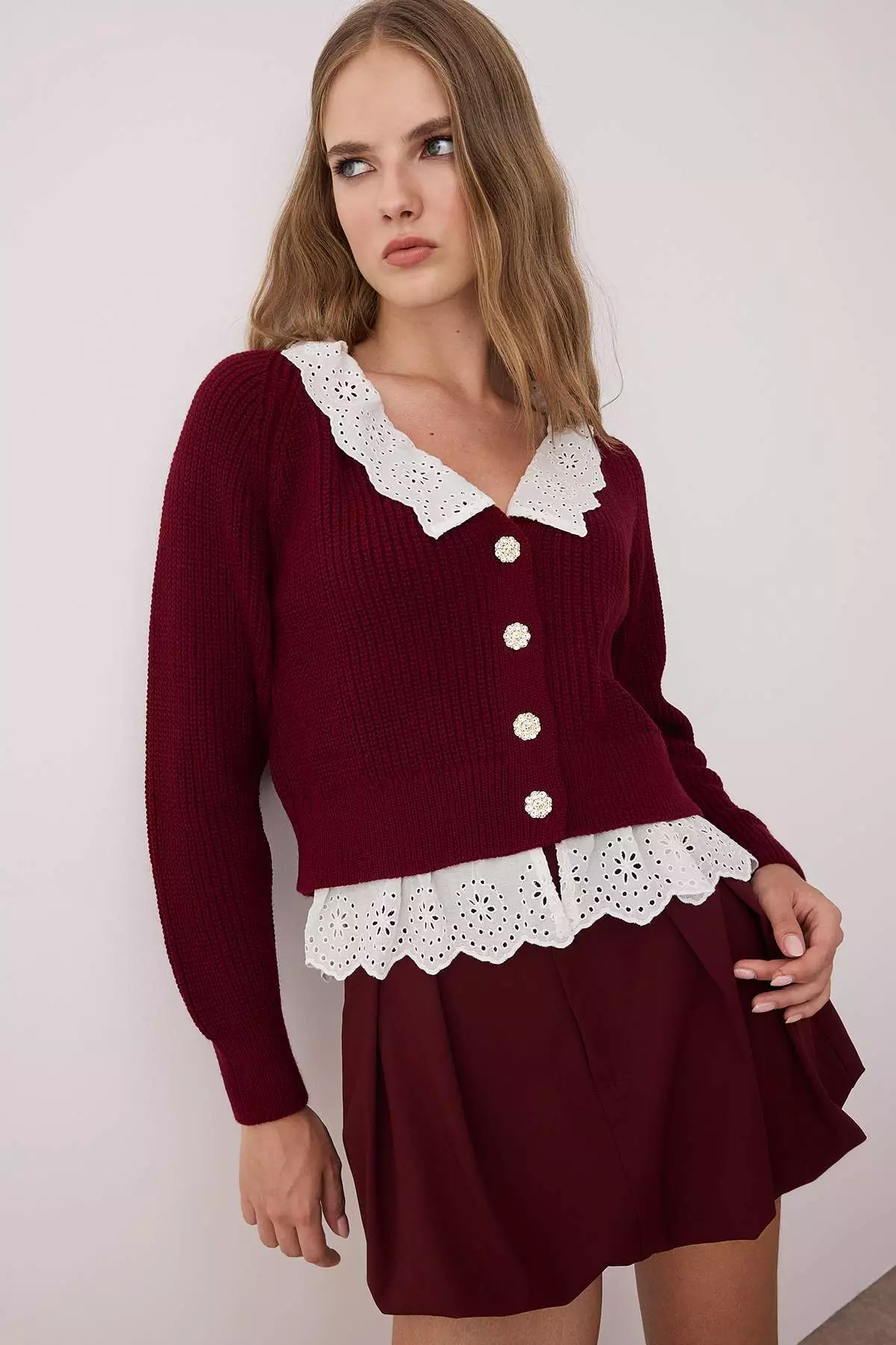Burgundy Crop Shirt Garnish Detailed V Neck Knitwear Cardigan