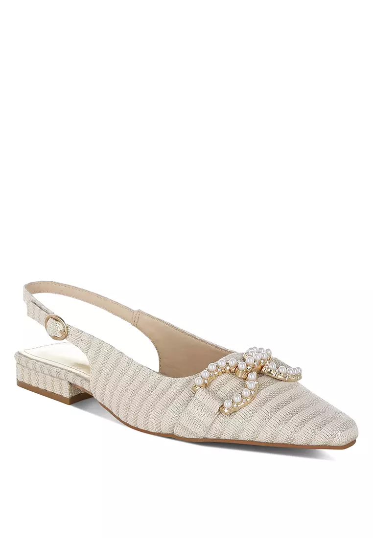 Pearl-Detailed Horsebit Woven Flats In Gold